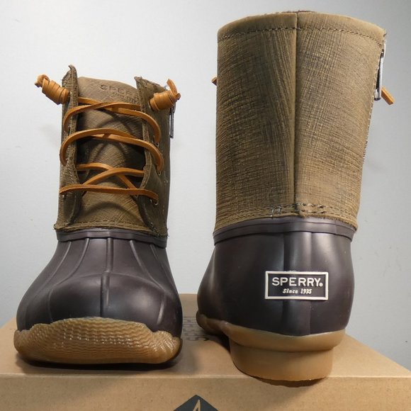 NiB Sperry Women's Ebossed Saltwater Boots, Brown/Olive, 9.5 - Picture 7 of 11